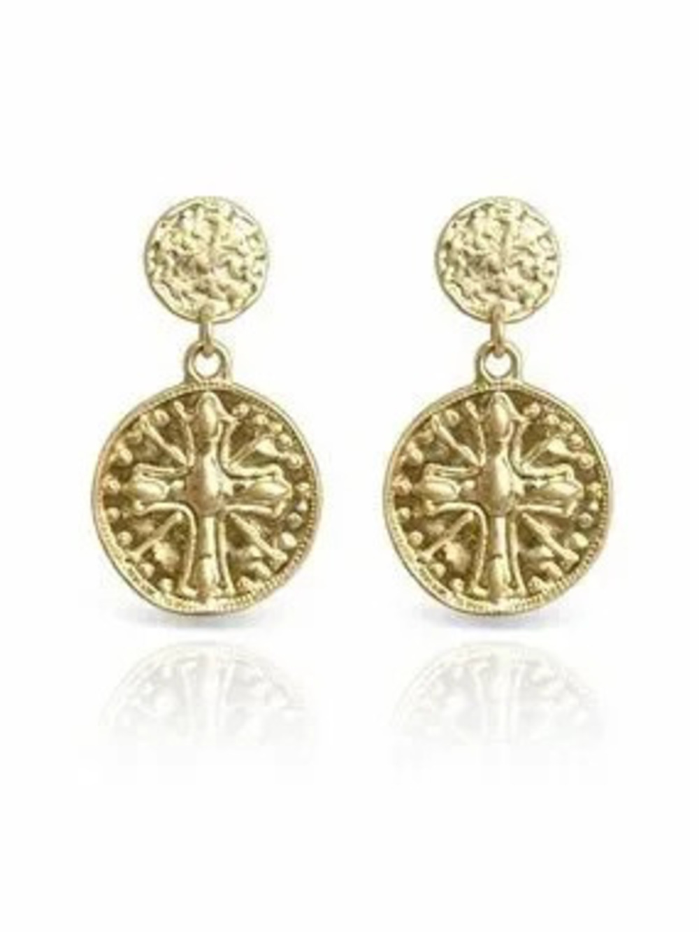Italian Style Gold Cross Coin Drop Earrings